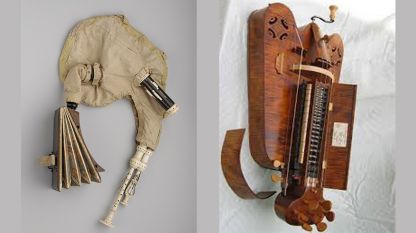 Музикалните инструменти мюзет (вляво) и хърди-гърди