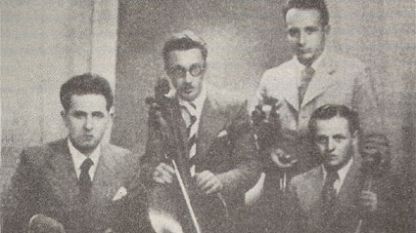 Първият състав на квартет „Аврамов” (1936): (от ляво надясно) Марин Големинов – цигулка, Георги Константинов – виолончело, Стефан Сугарев – виола, Владимир Аврамов – цигулка 