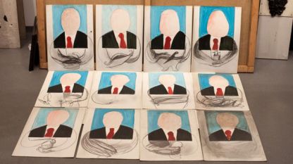 Недко Солаков, Политбюро, 1987, графит и акрилна боя върху картон, 12 части, номерирани и подписани, 50х35 см всяка, вариращ общ размер, изглед от ателието на художника