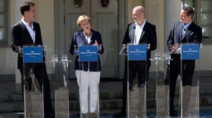 Марк Рюте, Ангела Меркел, Фредрик Райнфелд и Дейвид Камерън