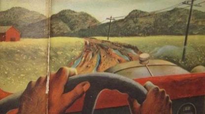 Фрагмент от корицата на първото издание на „Безпътният автобус“ от Джон Стайнбек, 1947 г.
