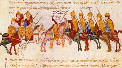 Българската армия на Самуил разгромява византийските войски край Солун (996) и убива дук Григорий (миниатюра от Манасиевата хроника)