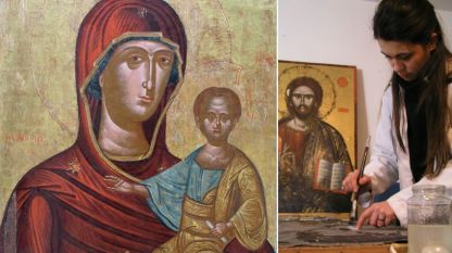 Икона от колекцията на Вселенската Патриаршия: Богородица с младенеца - Одигитрия и реставраторката Борислава по време на работа