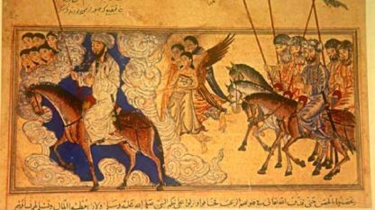 Мохамед (вляво) предвожда  мюсюлманите. (фрагмент от „Сборникът с хроники“)