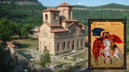 The Church of St. Dimitar Solunski in Veliko Tarnovo. On the small picture: an icon of St. Dimitar and St. George