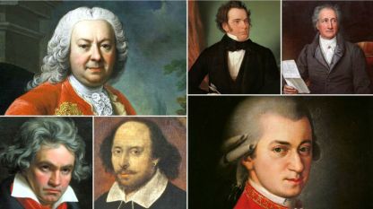 Пиетро Метастазио, Франц Шуберт, Йохан Волфганг Гьоте (на горния ред), Лудвиг Ван Бетовен, Уилям Шекспир и Волфганг Амадеус Моцарт (на долния ред) 