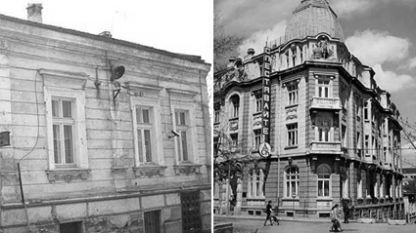 The Rodno Radio building in Benkovski St. where the first broadcasts started (left) and a later building in Moskovska St. (right).