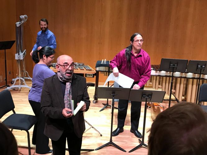 Л. Денев обявява Ссветовната Премиера на своето произведение Балкански звуци и пейзажи (за кларинет, цигулка, чело и ударни), написано по поръчка на Балканикус Фестивал - 12.04.2018, Университет Минеаполис-Минесота, САЩ