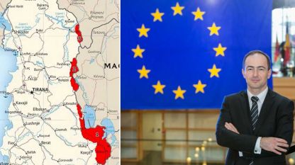 Региони са бугарским становништвом у Албанији: Мала Преспа (1), Голо Брдо (2) и Гора (3) и бугарски посланик у Европском парламенту Андреј Ковачев