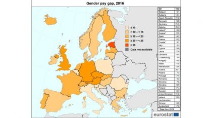 Илюстрация на Евростат за разликата в заплащането между мъже и жени през 2016 г.