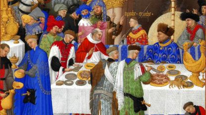 Миниатюра от „Пребогатия часослов на херцог дьо Бери“, изобразяваща новогодишен банкет с Жан дьо Бери, вдясно, в синя роба.