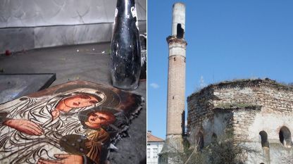 Опожарените икони в параклиса „Св. Георги“ над Сопот (вляво) и джамията „Караджа паша“ в Гоце Делчев.