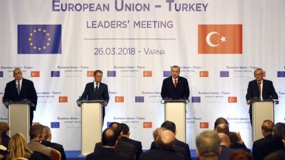 Бойко Борисов, Доналд Туск, Реджеп Ердоган и Жан-Клод Юнкер дават изявления на съвсестен брифинг на лидерската среща във Варна
