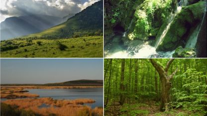 Четирите български номинации на биосферни паркове от нов тип по програмата „Човекът и биосферата“ към ЮНЕСКО: „Централен Балкан“, „Червената стена“ (на горния ред), „Сребърна“ и „Узунбуджак“ (на долния ред)