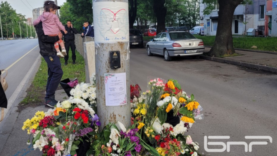 Свежи цветя, положени на лобното място на Ани и Явор, които бяха пометени от лека кола на София през май 2023 г.