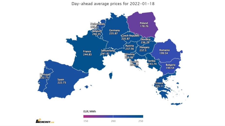 Средната цена на тока за вторник на европейските енергийни борси