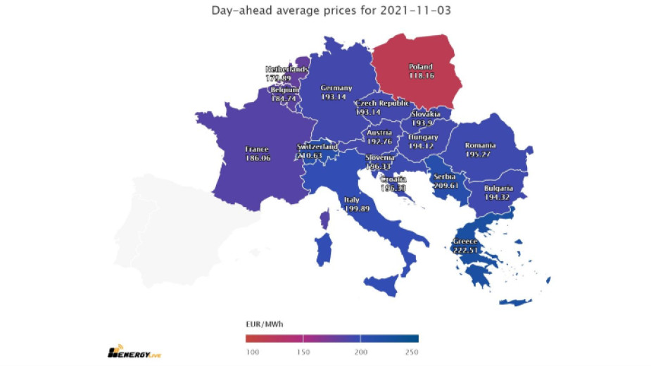 Цените на тока за сряда на почти всички европейските енергийни