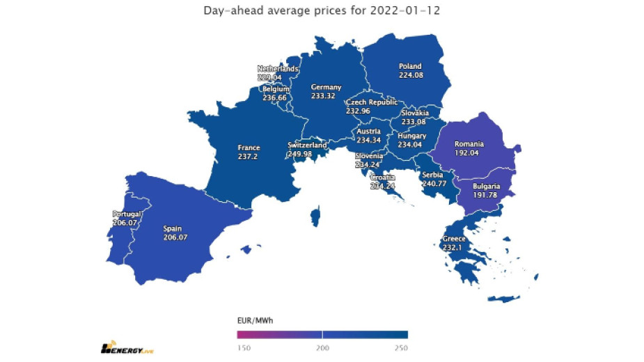 Средната цена на тока за сряда на европейските енергийни борси