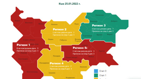Актуална карта на заетостта на интензивните легла по региони - към 25 януари 2022 г.