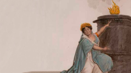 Каролайн Бранчу в ролята на Юлия в операта „Весталката“, плакат за премиерата на 15 декември 1807 г.
