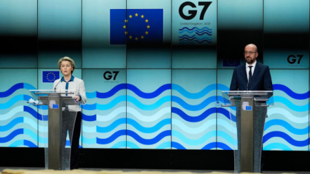 Пресконференция на Урсула фон дер Лайен и Шарл Мишел преди срещата на Г-7 във Великобритания