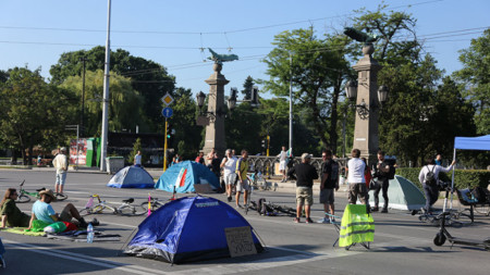 Blocked intersection at Eagle's Bridge in central Sofia on July 30
