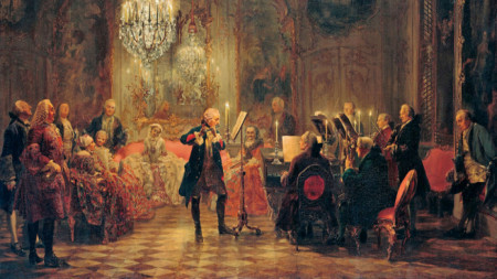 Фридрих Велики свири на флейта, а Карл Филип Емануел Бах му акомпанира