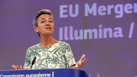 Маргрете Вестагер дава пресконференция относно контрола на сливанията в ЕС, Брюксел, 6 септември 2022 г. Вестагер обяви вето срещу придобиването от американската компания Illumina Sciences на биотехнологичната Grail.