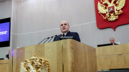 Михаил Мишустин говори пред Държавната дума, долната камара на руския парламент, Москва, 10 май 2024 г.