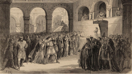 Илюстрация към I действие на „Макбет“ от Джузепе Верди от 1865 г.