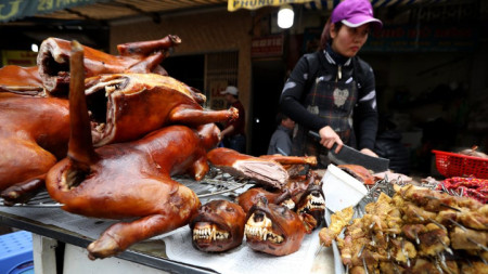 Жена на пазар в Ханой продава кучешко месо през февруари 2018 г.