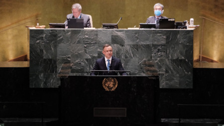 Полският президент Анджей Дуда говори по време на 76 -ата сесия на Общото събрание на ООН, в седалището на организацията в Ню Йорк, САЩ, 21 септември 2021 г.