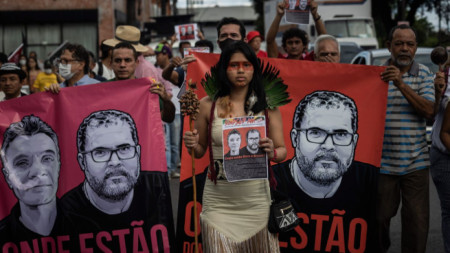 Протест в Манауас, Бразилия, заради изчезването на британския журналист Дом Филипс и неговия местен сътрудник Бруно Перейра, 16 юни 2022 г.