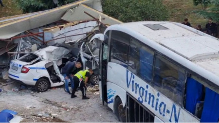 The crash site in Burgas where a bus transporting migrants ploughed into a police car, killing two officers