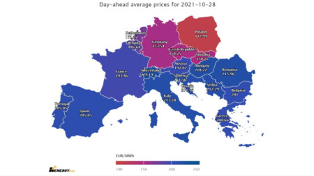 Цените на тока за четвъртък на голяма част от европейските