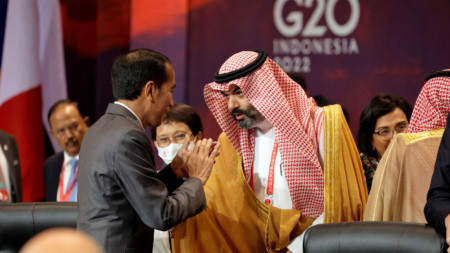 Президентът на Инодонезия Джоко Уидодо (вляво) и министърът на комуникациите и информационните технологии на Саудитска Арабия Абдула бин Амер ал Суала по време на срещата Г-20 на остров Бали