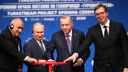 Премиерът Бойко Борисов, президентът на Русия Владимир Путин, на Турция - Реджеп Ердоган и на - Сърбия Александър Вучич на тържествената церемония.