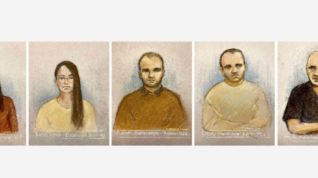 Sketches drawn by a forensic artist of the Bulgarian citizens accused of espionage in the UK. From left to right: Katrin Ivanova, Vanya Gaberova, Orlin Rusev, Ivan Stoyanov and Biser Dzhambazov, September 26, 2023