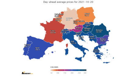 Цените на тока за сряда на голяма част от европейските