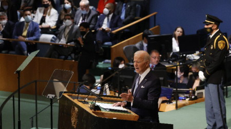 Президентът на САЩ Джоузеф Байдън отправя своето обръщение пред Общото събрание на ООН, Ню Йорк, 21 септември 2022 г.