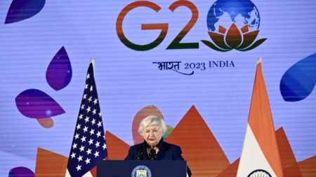 Джанет Йелън говори на срещата на Г-20 в Индия, 22 февруари 2023 г.