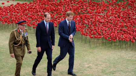 Лорд Данат (вляво) и британските принцове Уилям и Хари, архив, август 2014 г., Лондон.
