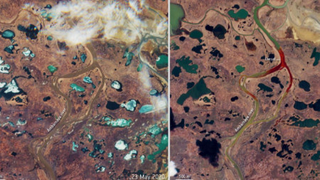 Сателитни снимки на района на река Амбарная преди разлива на дизелово гориво (вляво) и след разлива. 