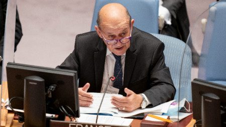 Френският външен министър Жан-Ив льо Дриан говори в Съвета за сигурност на ООН, 23 септември 2021 г.