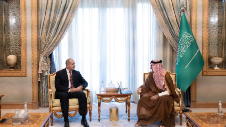 Президентът Румен Радев (вляво) разговаря с управителя на Публичния инвестиционен фонд на Саудитска Арабия Ясир ал Румаян.