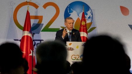 Турският президент Реджеп Тайип Ердоган на пресконференция в края на срещата на върха на Г-20 в Ню Делхи, Индия, 10 септември 2023 г. 