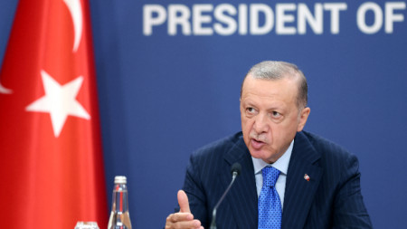 Турският президент Реджеп Тайип Ердоган на пресконференцията в Белград, 7 септември 2022 г.