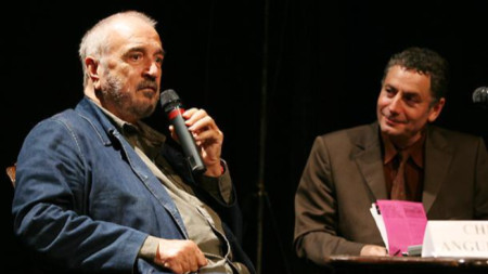 Жан-Клод Кариер и Патрик Сандрен по време на откриването на кинофорума „Отворен клас” в камерната зала на Народния театър – 2010 г.