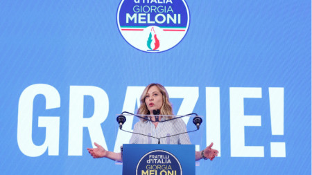 Италианският министър-председател Джорджа Мелони говори на пресконференция за изборите за Европейски парламент в централата на 