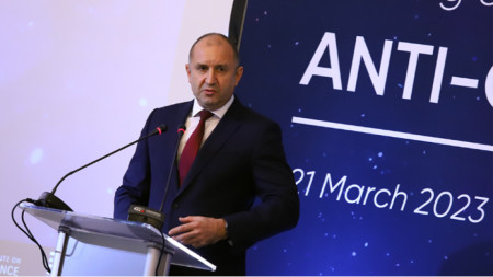 Bulgarian President Rumen Radev at the Anti-Corruption and National Security conference in Sofia, March 21, 2023.